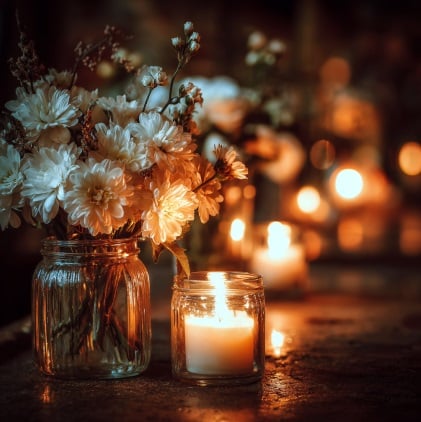 Candle and white flowers in a peaceful setting supporting cremation services Mount Summit, IN.