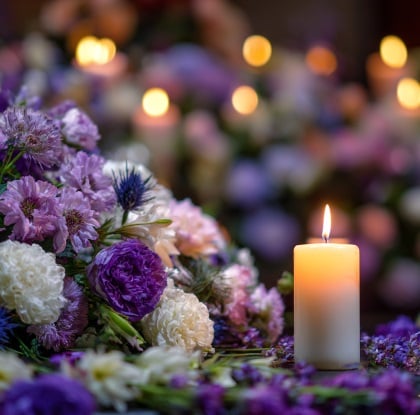 Soft candlelight and floral arrangement creating a peaceful setting for funeral homes Mount Summit, IN.