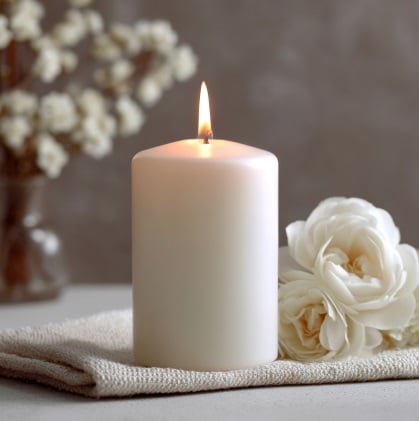 Memorial candle and white flowers for funeral remembrance in Mount Summit, IN.