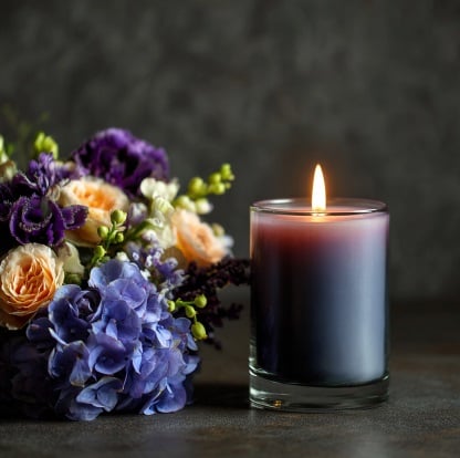 Lit purple candle with floral arrangement representing cremation services in New Castle, IN.