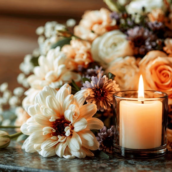 Memorial candle with flowers in New Castle, IN.