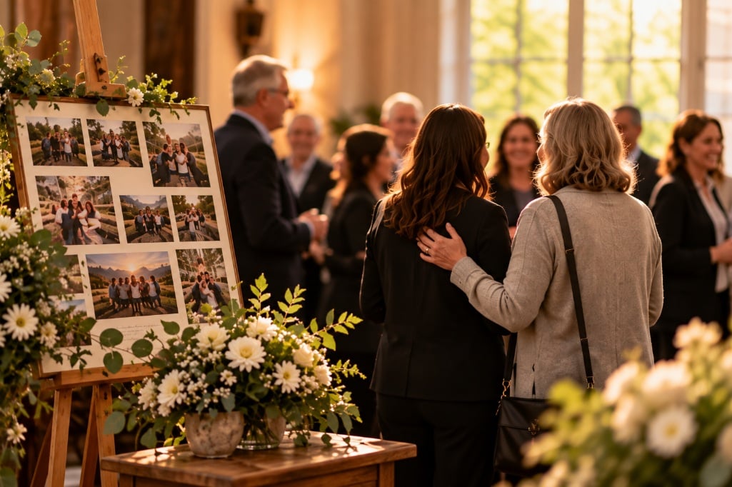 Friends gathering beside a photo display honoring lifelong friendships in Mount Summit, IN.