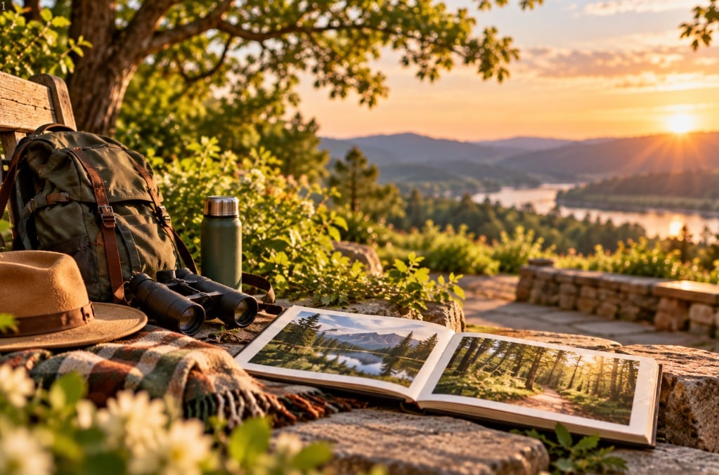 Hiking gear and landscape photos reflecting a love of nature in Mount Summit, IN.