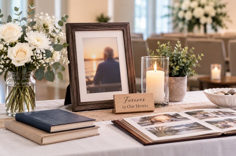 Memorial table with framed photo, flowers, candle, and family album in Mooreland, IN.