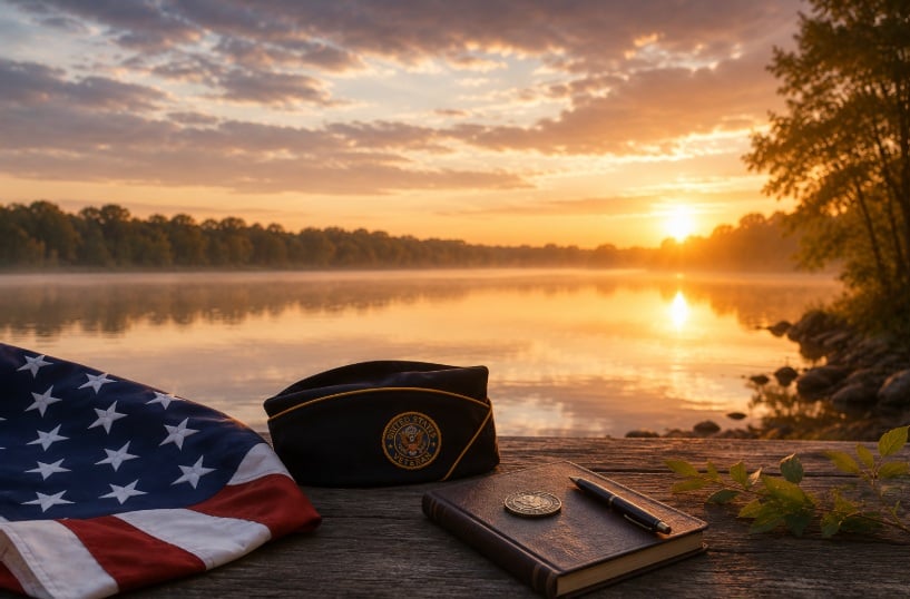 American flag and veteran cap honoring military service in Mooreland, IN.
